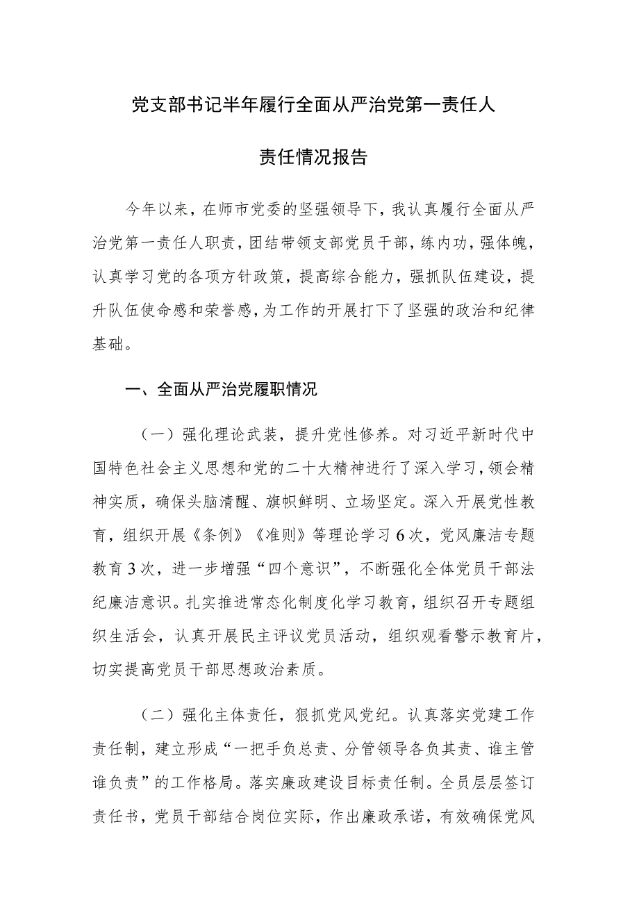 党支部书记2023年上半年履行全面从严治党第一责任人责任情况及市局主要负责人述法报告报告范文2篇.docx_第1页