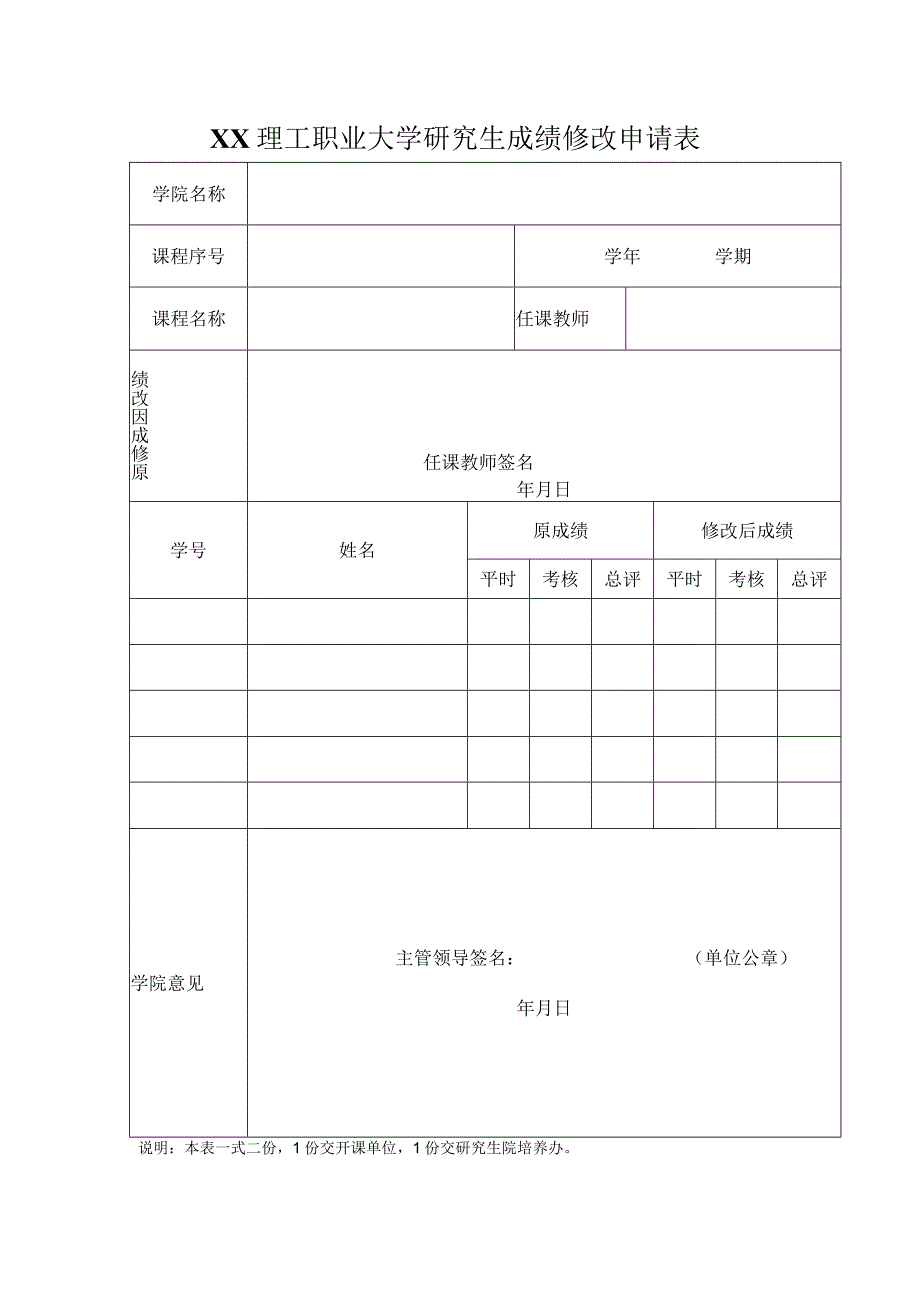 XX理工职业大学研究生成绩修改申请表.docx_第1页