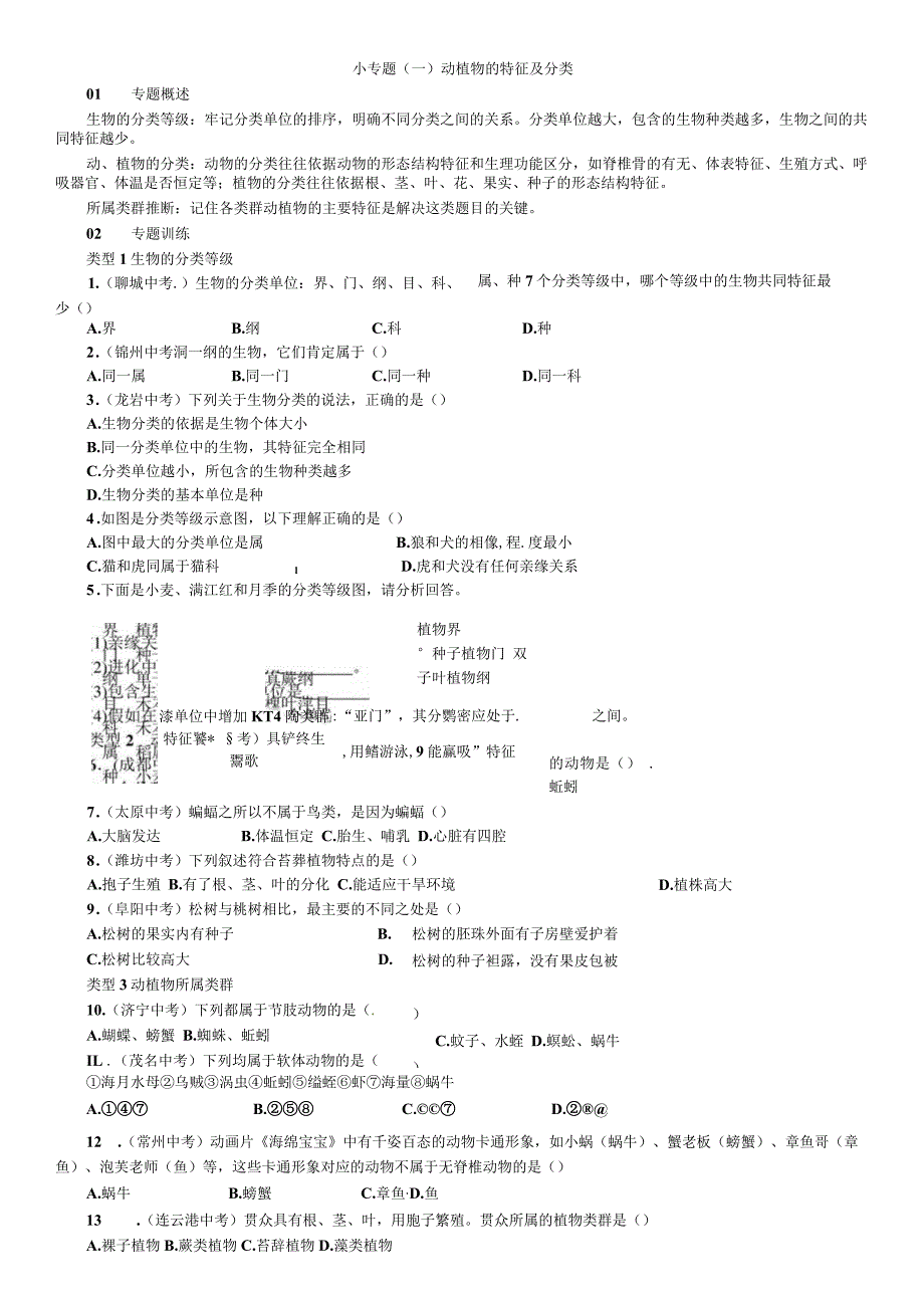 2023年秋七年级科学上册浙教版习题：第2章 小专题（一） 动植物的特征及分类.docx_第1页