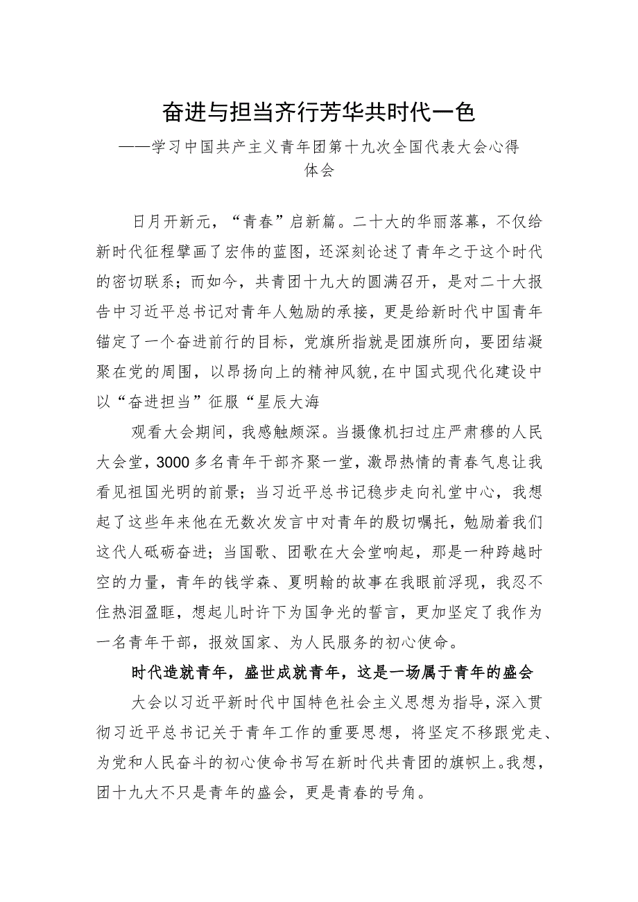 奋进与担当齐行 芳华共时代一色——共青团十九大精神心得体会.docx_第1页