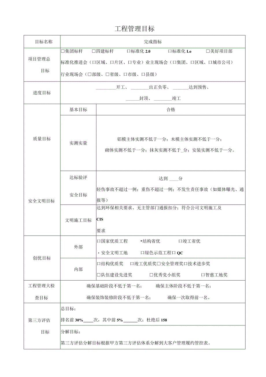 建筑施工管理目标表.docx_第1页