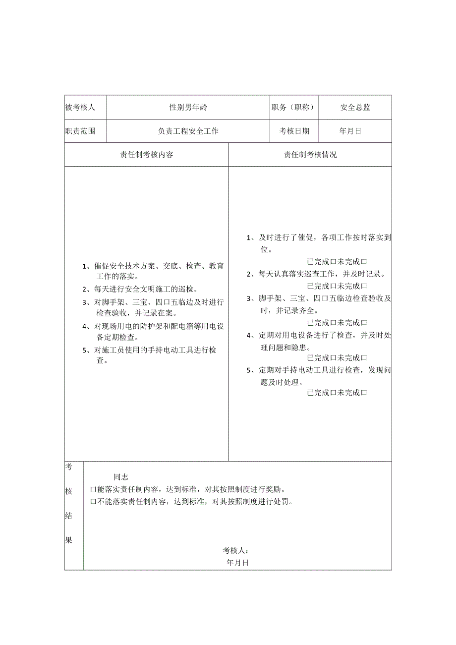 安全生产责任制考核记录(项目各管理人员).docx_第2页