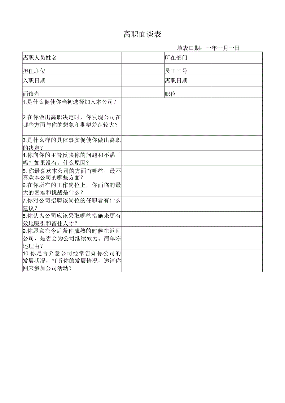 企业员工关系管控系统工具包01-离职面谈表（员工关系）.docx_第1页