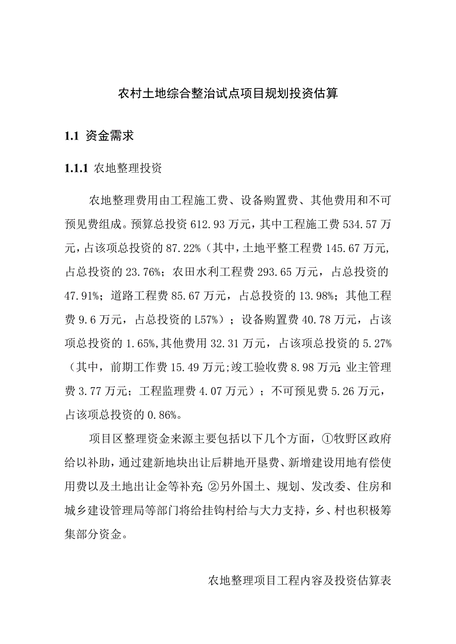 农村土地综合整治试点项目规划投资估算.docx_第1页