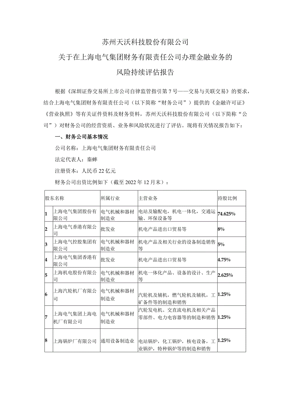 天沃科技：天沃科技关于在上海电气集团财务有限责任公司办理金融业务的风险持续评估报告.docx_第1页