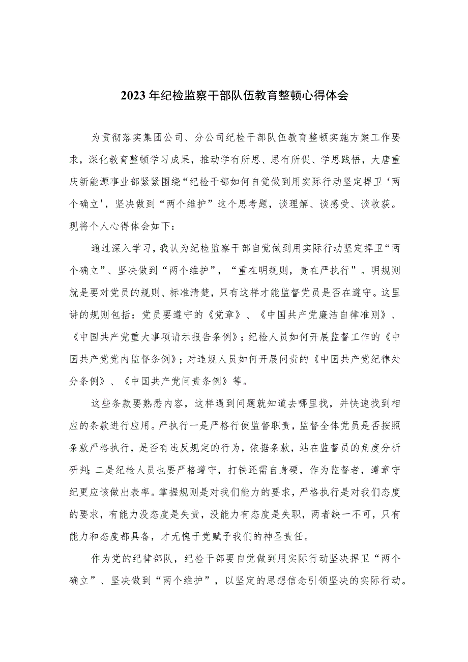 2023年纪检监察干部队伍教育整顿心得体会范文范文(精选10篇模板).docx_第1页