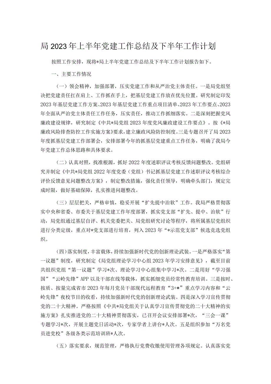 局2023年上半年党建工作总结及下半年工作计划.docx_第1页