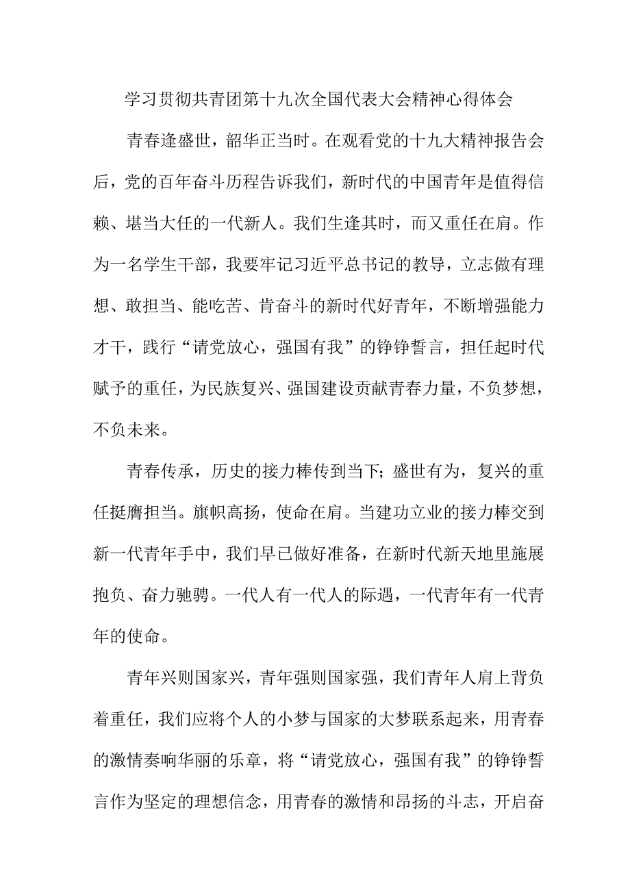 幼儿园教师学习贯彻共青团第十九次全国代表大会精神个人心得体会.docx_第1页