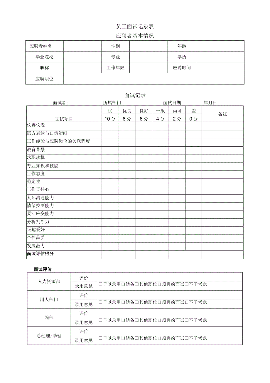 公司员工面试记录表.docx_第1页