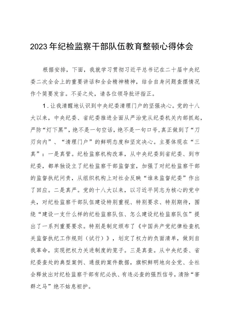 关于2023年纪检监察干部队伍教育整顿活动的心得体会两篇样本.docx_第1页