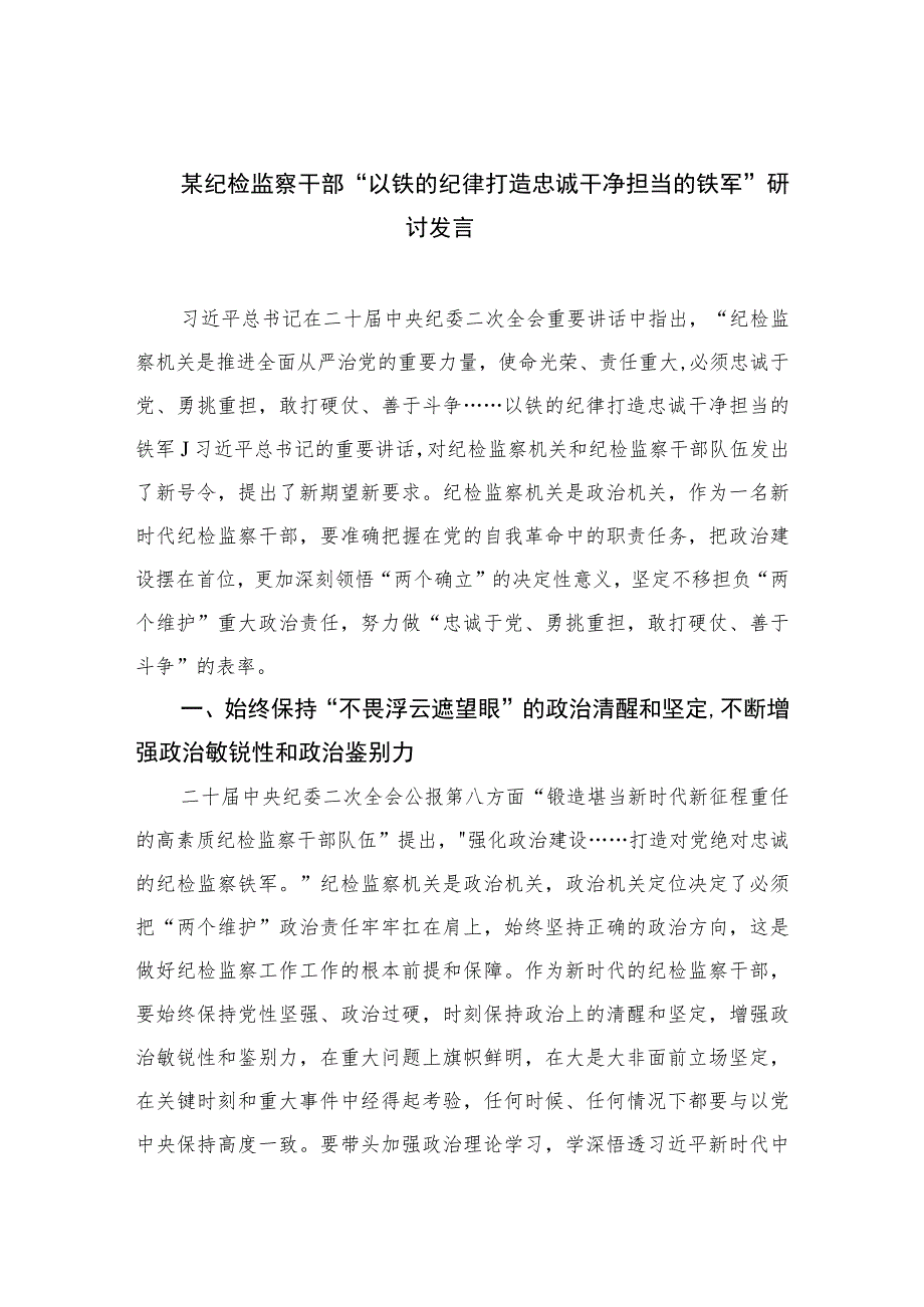 2023某纪检监察干部“以铁的纪律打造忠诚干净担当的铁军”研讨发言范文精选（3篇）.docx_第1页