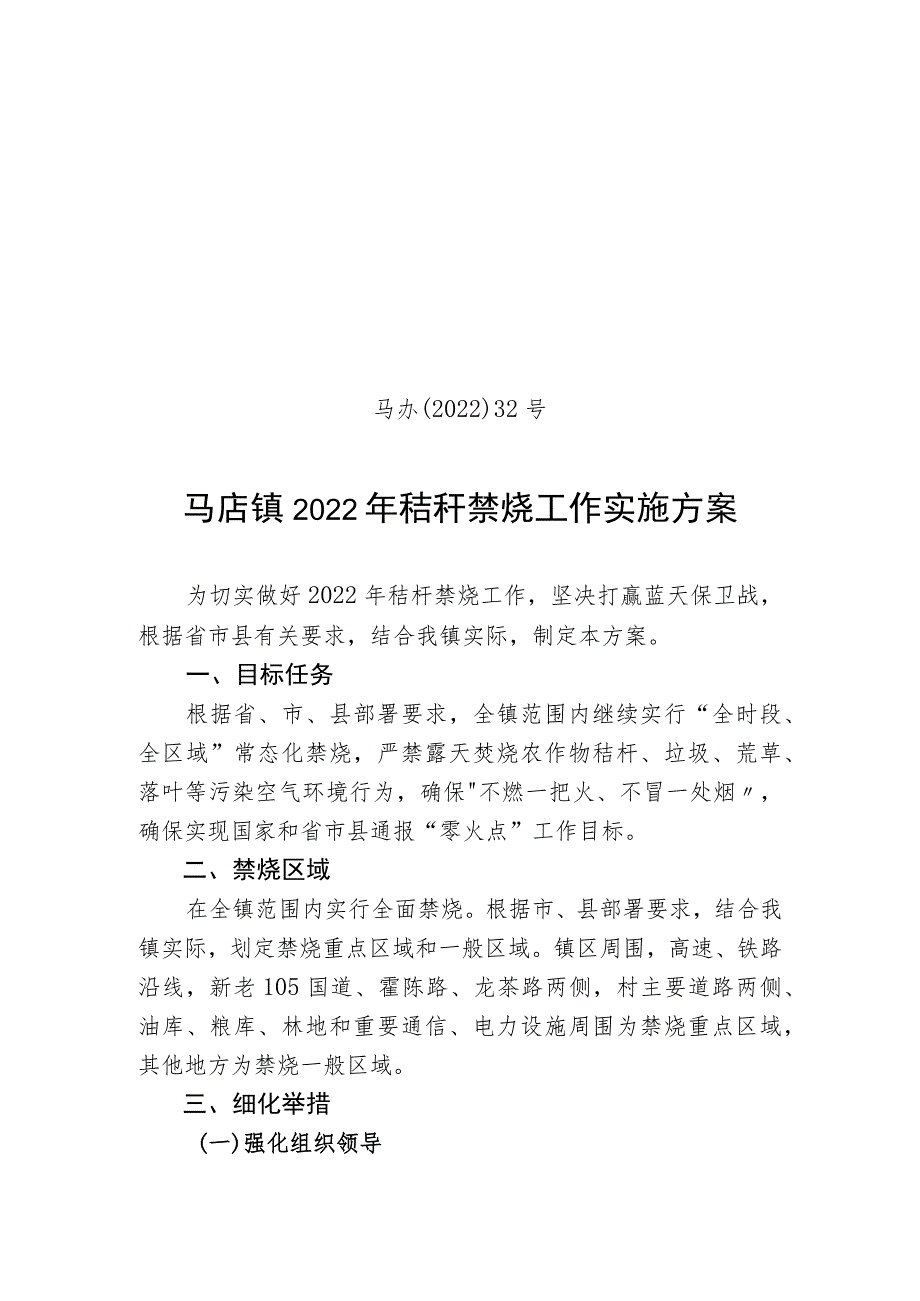 马办〔2022〕32号马店镇2022年秸秆禁烧工作实施方案.docx_第1页