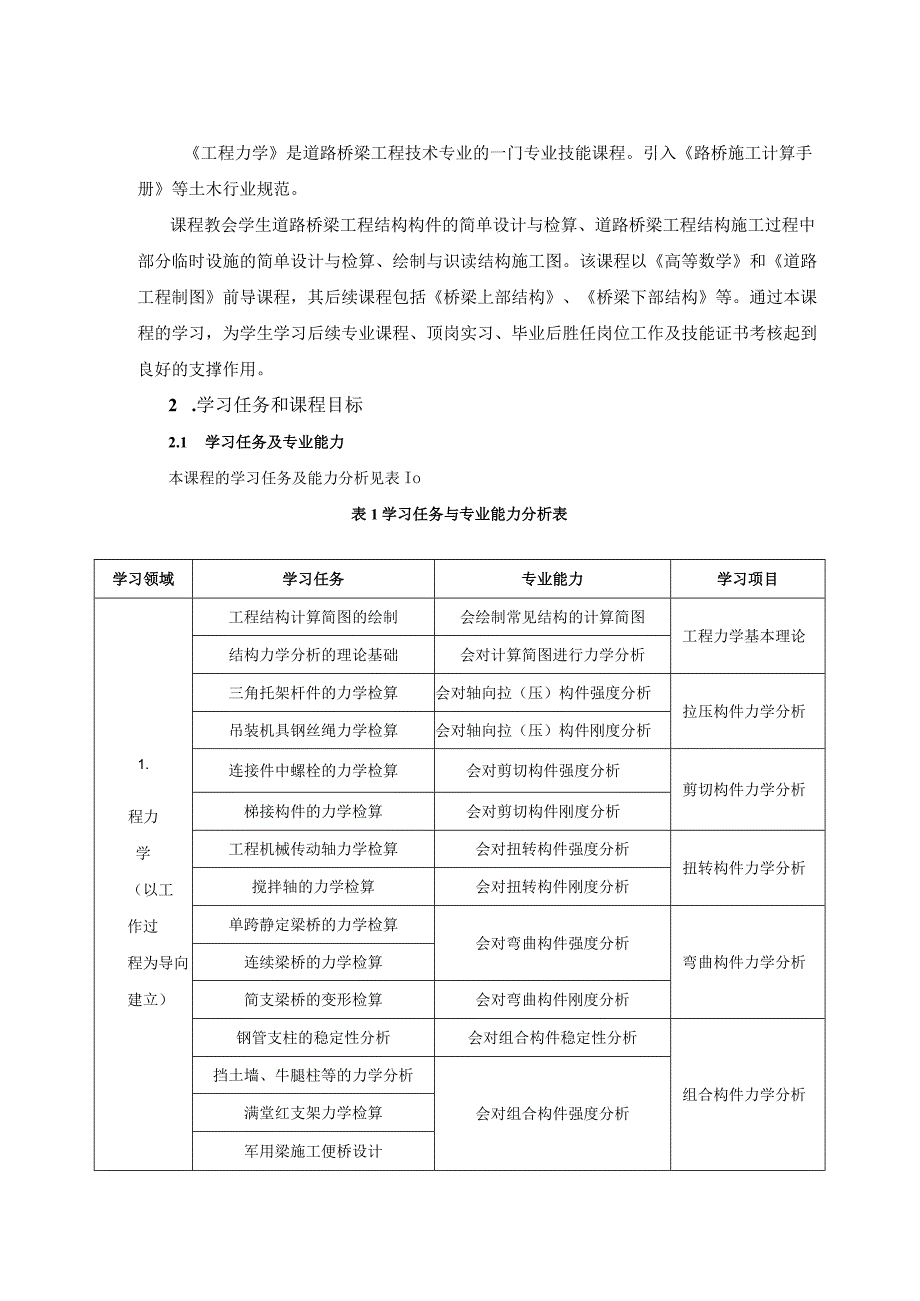 道路桥梁工程技术专业专业技能课程《工程力学》课程标准.docx_第2页