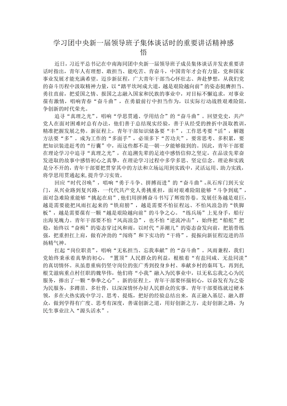 学习团中央新一届领导班子集体谈话时的重要讲话精神感悟.docx_第1页