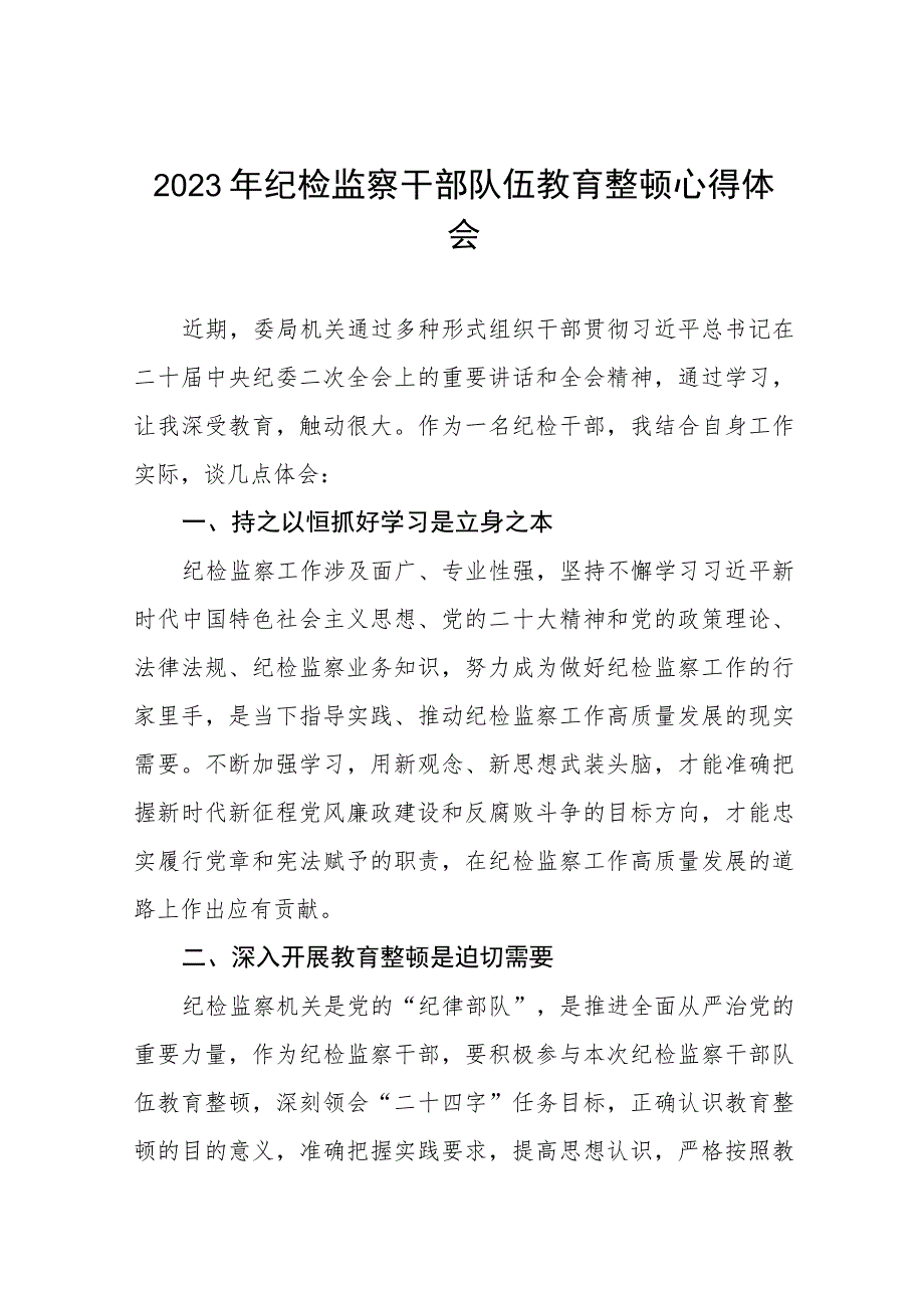 2023年纪检监察干部队伍教育整顿活动的心得体会两篇范文.docx_第1页