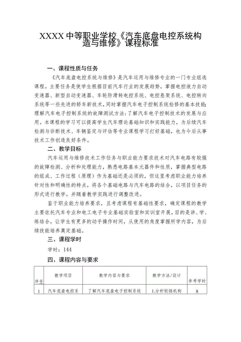 中等职业学校《汽车底盘电控系统构造与维修》课程标准.docx_第1页