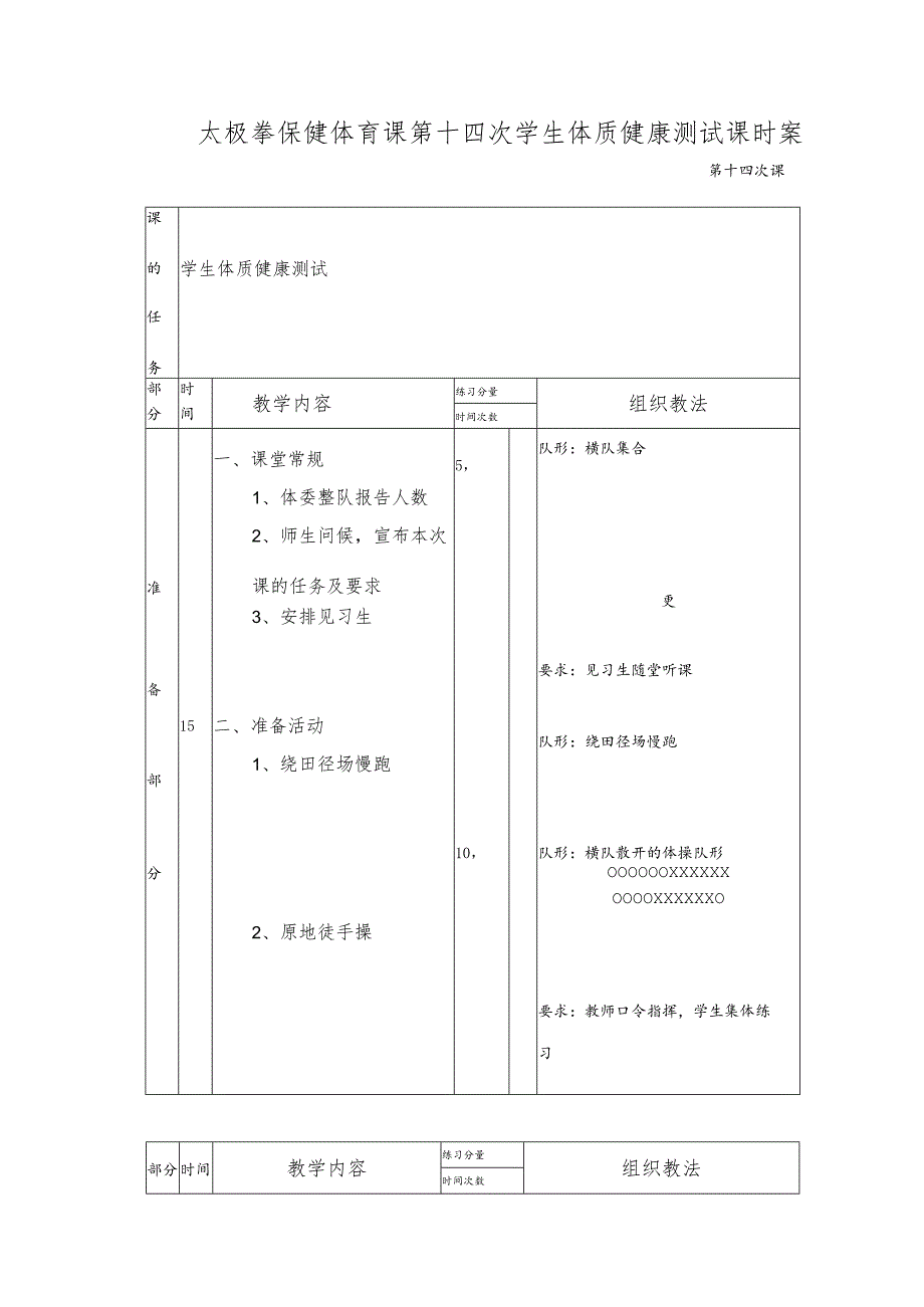 太极拳保健体育课第十四次学生体质健康测试课时案.docx_第1页