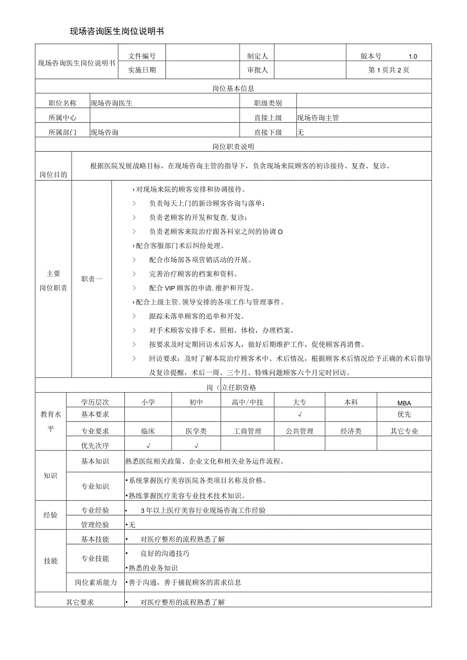 医美现场咨询岗位说明书.docx_第1页