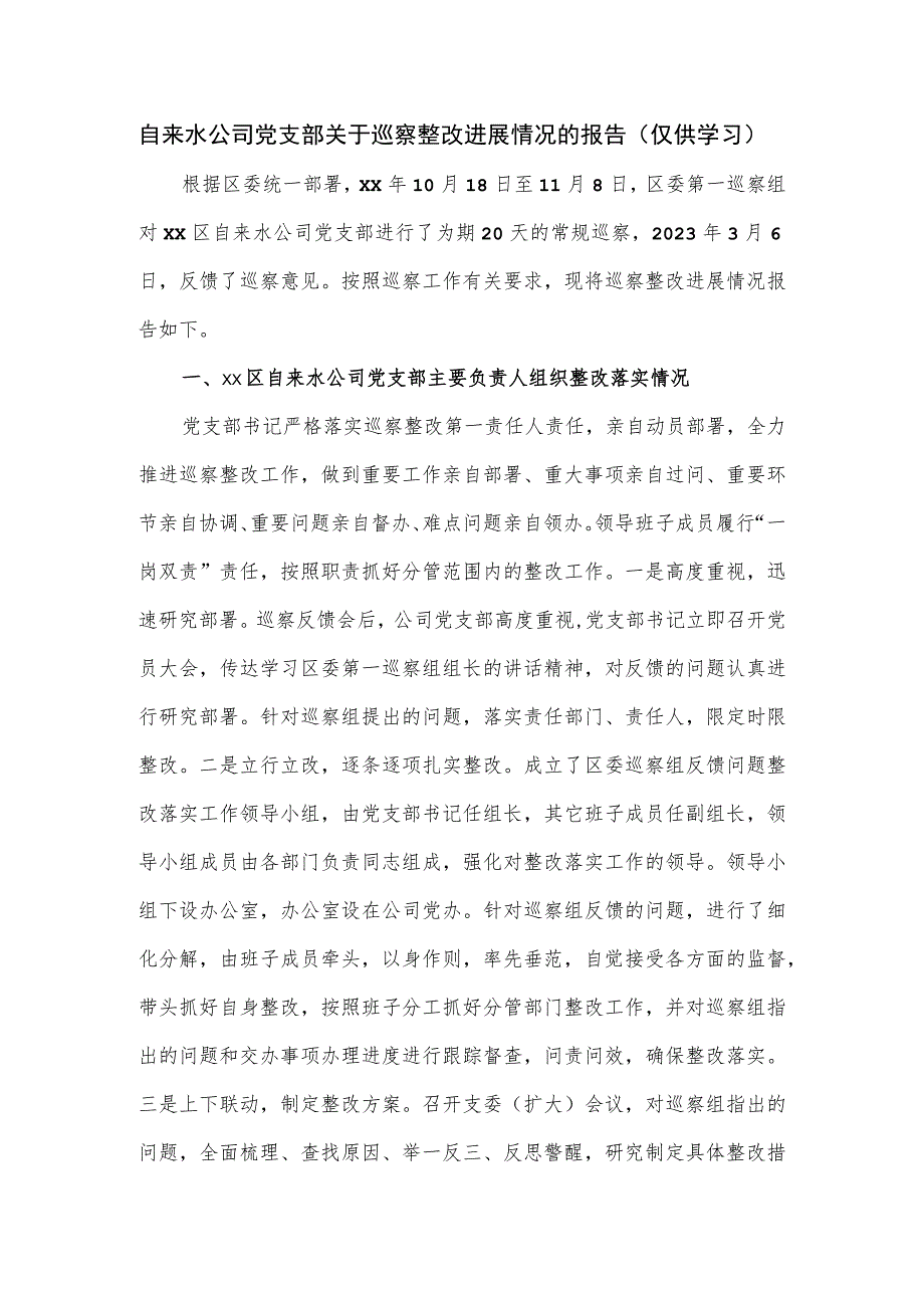 2023自来水公司党支部关于巡察整改进展情况的报告.docx_第1页