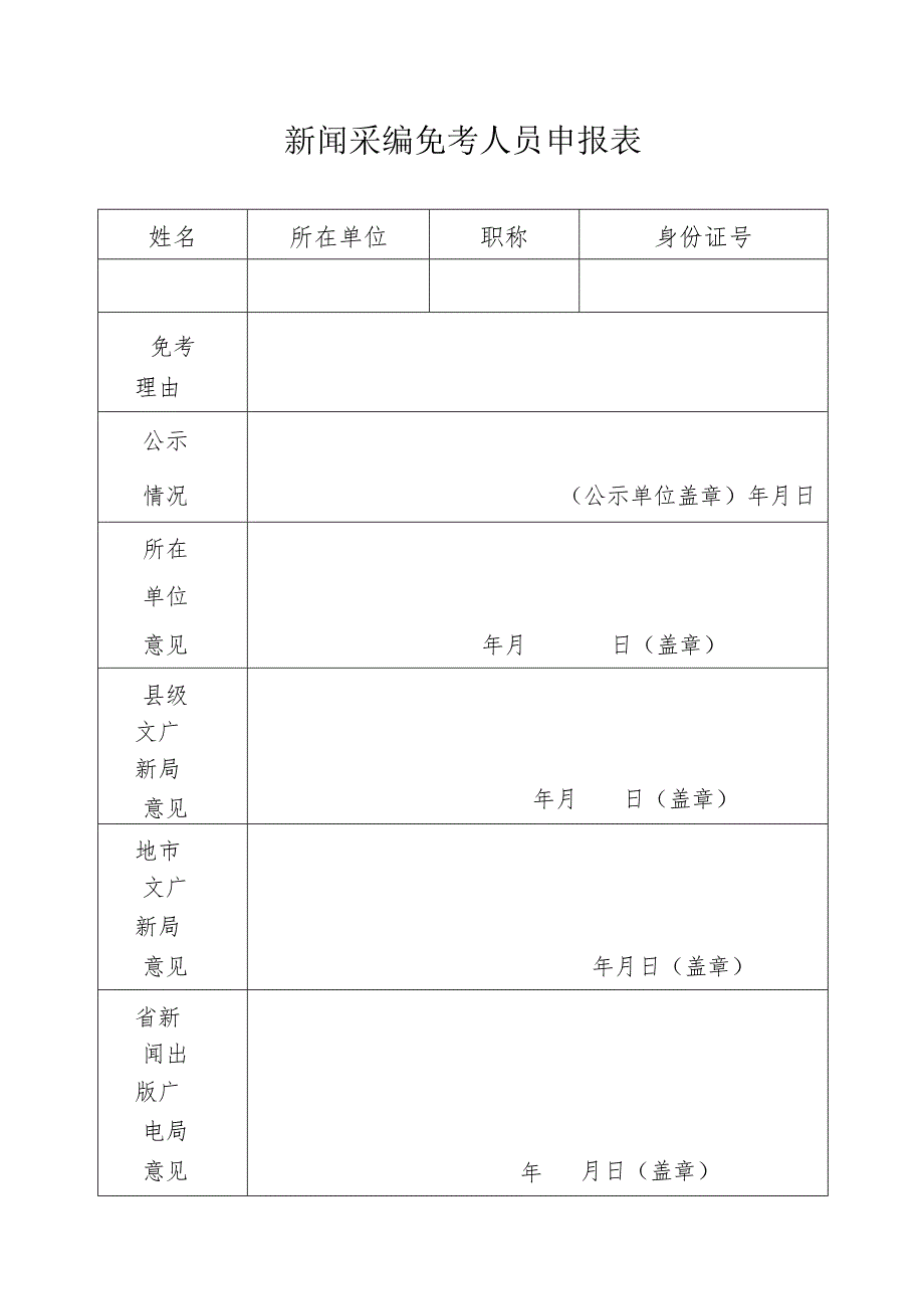 身份证号新闻采编免考人员申报表.docx_第1页