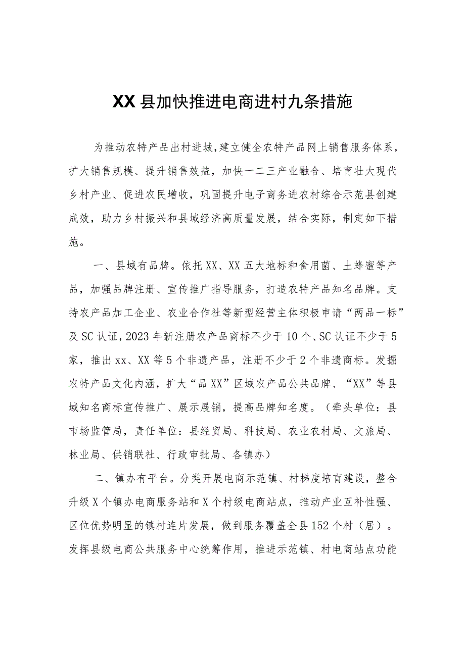 XX县加快推进电商进村九条措施.docx_第1页