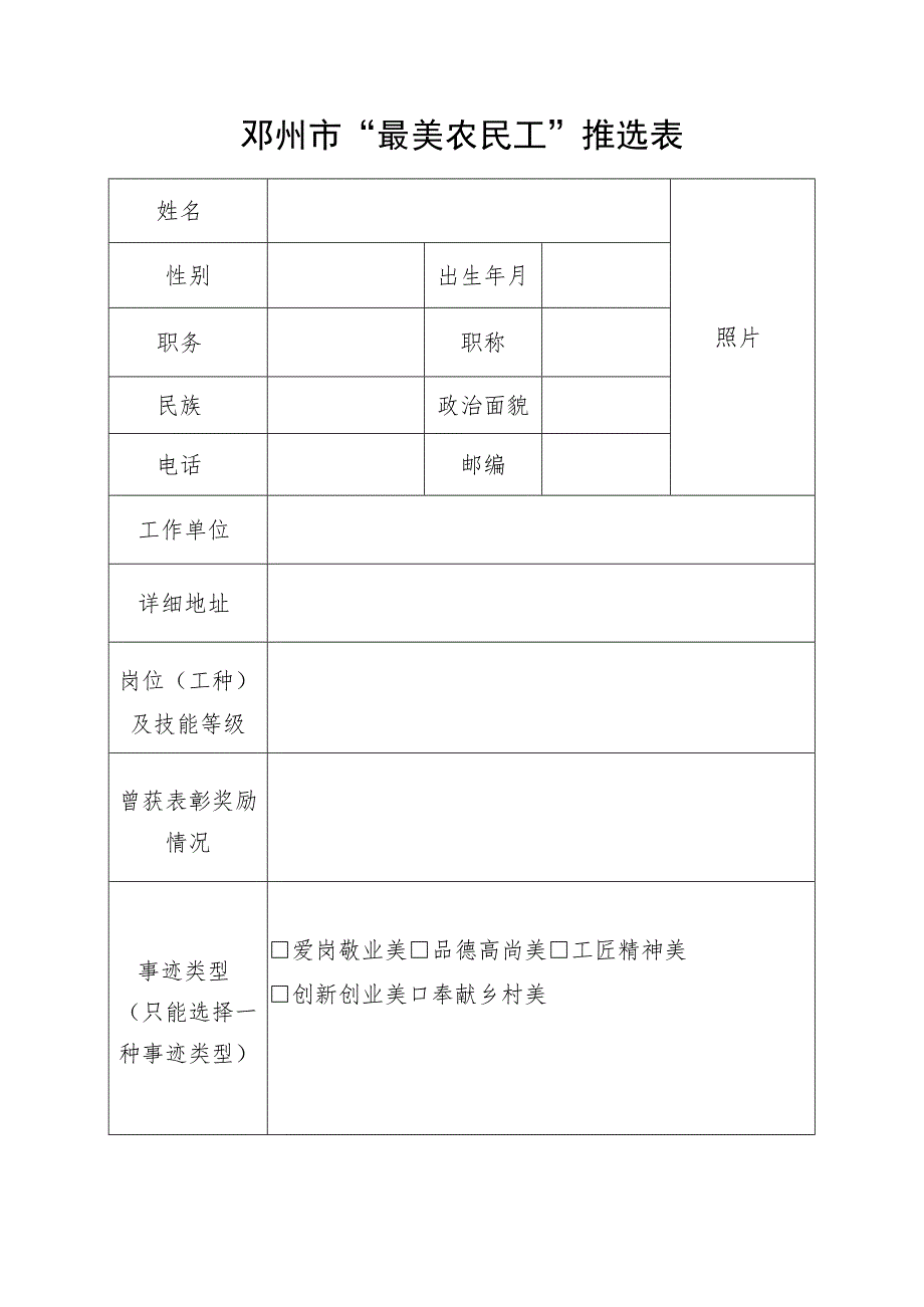 邓州市“最美农民工”推选表.docx_第1页