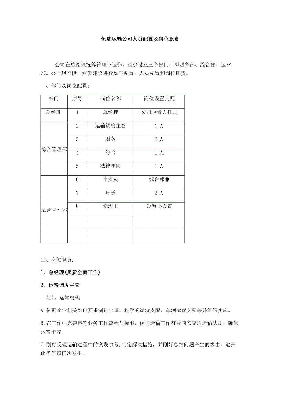 运输公司的人员配置及岗位职责.docx_第1页