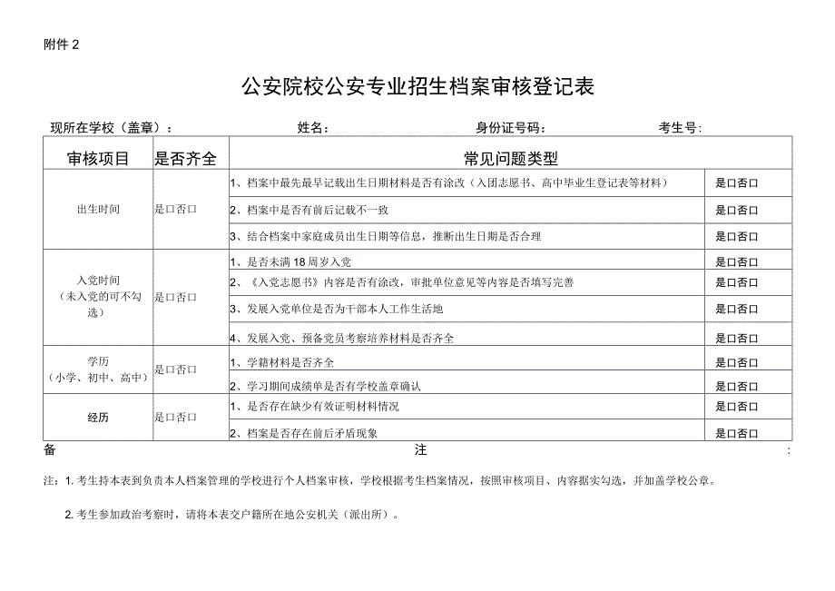 公安院校公安专业招生档案审核登记表.docx_第1页