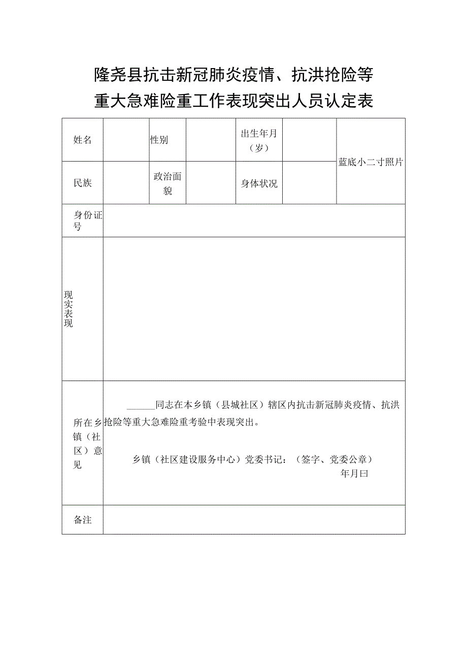 隆尧县抗击新冠肺炎疫情、抗洪抢险等重大急难险重工作表现突出人员认定表.docx_第1页