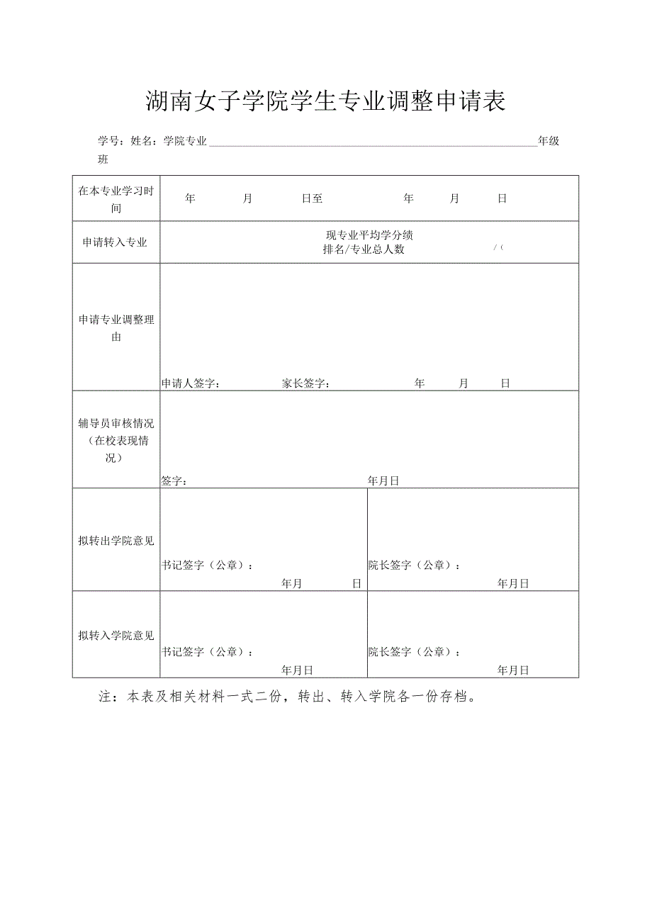 湖南女子学院学生专业调整申请表.docx_第1页