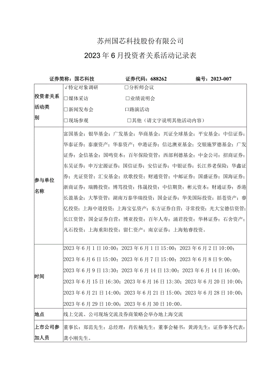 苏州国芯科技股份有限公司2023年6月投资者关系活动记录表.docx_第1页