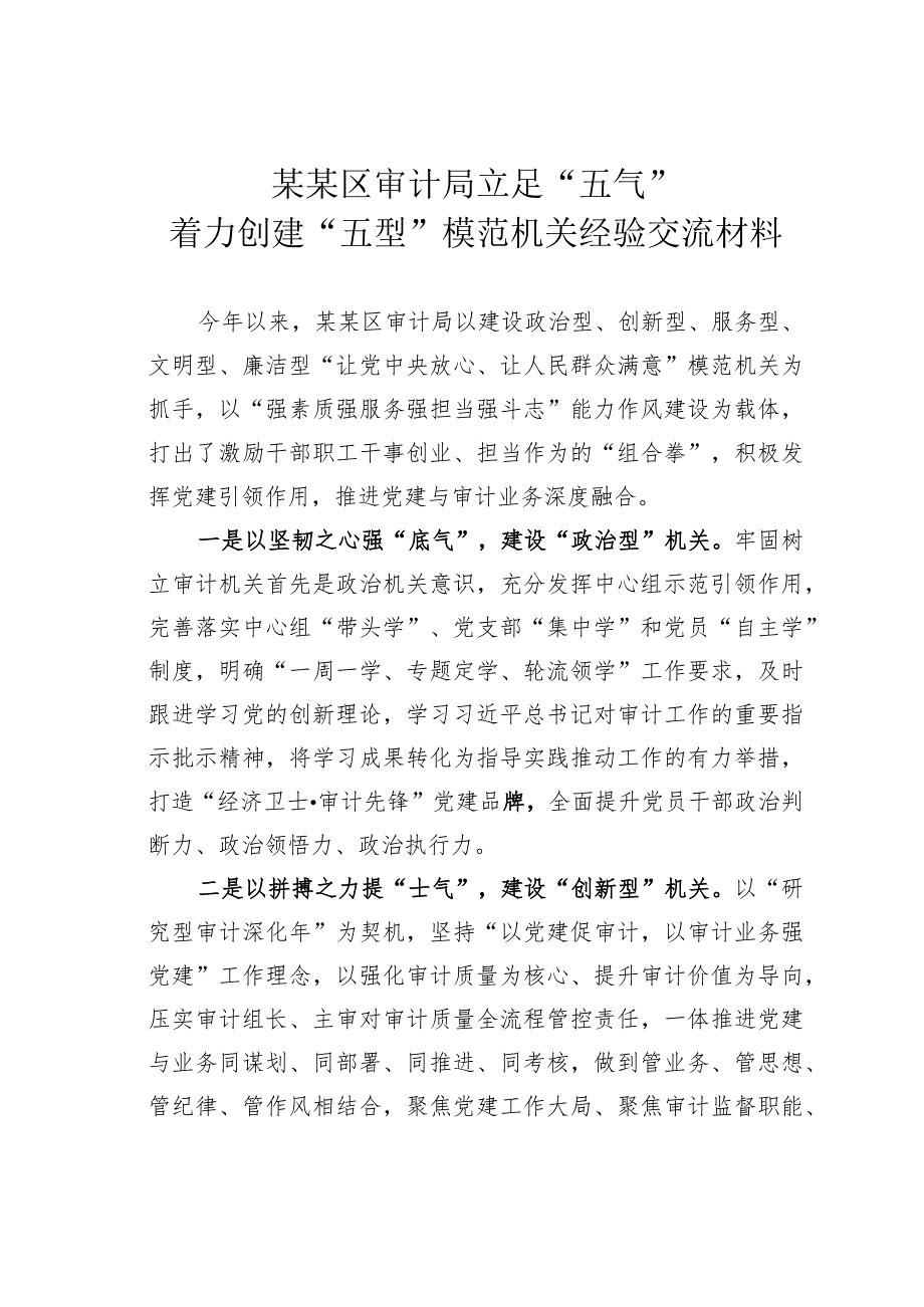 某某区审计局立足“五气”着力创建“五型”模范机关经验交流材料.docx_第1页