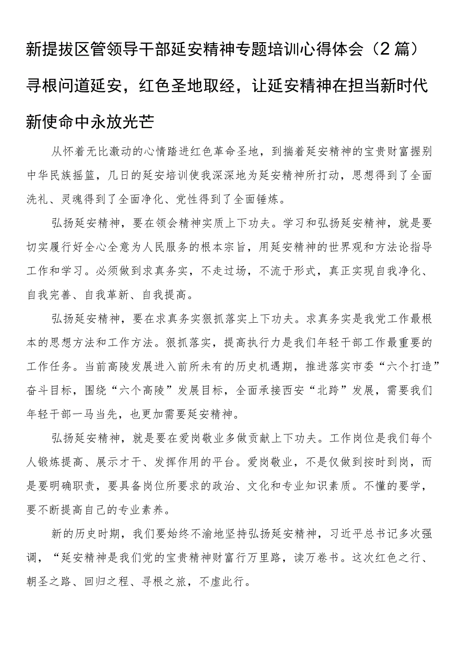 新提拔区管领导干部延安精神专题培训心得体会（2篇）.docx_第1页