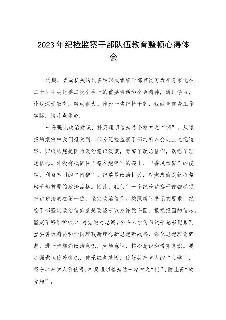 2023纪检监察干部队伍教育整顿心得体会模板2篇.docx_第1页