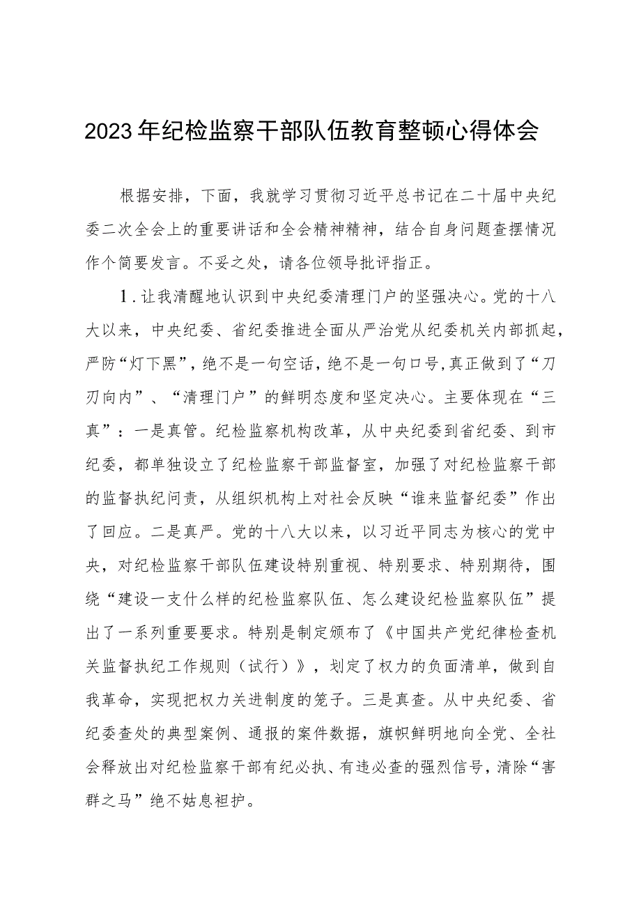 2023全国纪检监察干部队伍教育整顿教育活动的心得体会两篇.docx_第1页