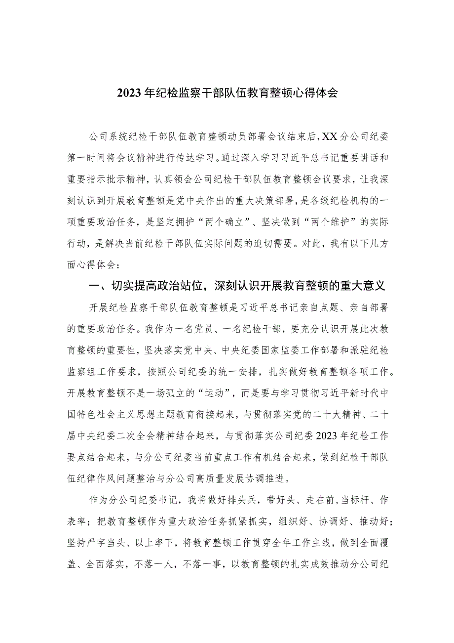 【2023纪检教育整顿】2023年纪检监察干部队伍教育整顿心得体会四篇(最新精选).docx_第1页