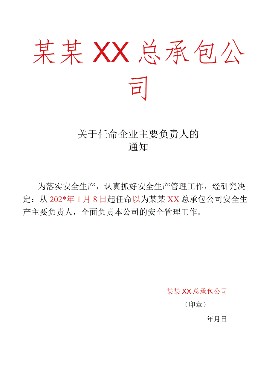 第一责任人任命通知标准模板.docx_第1页