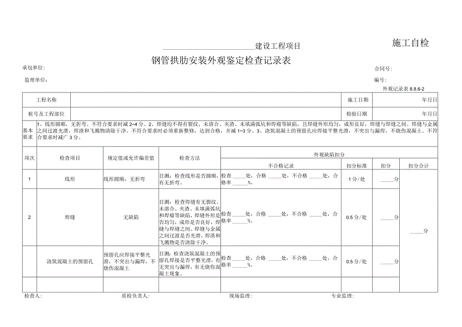 钢管拱肋安装外观鉴定检查记录表.docx_第1页