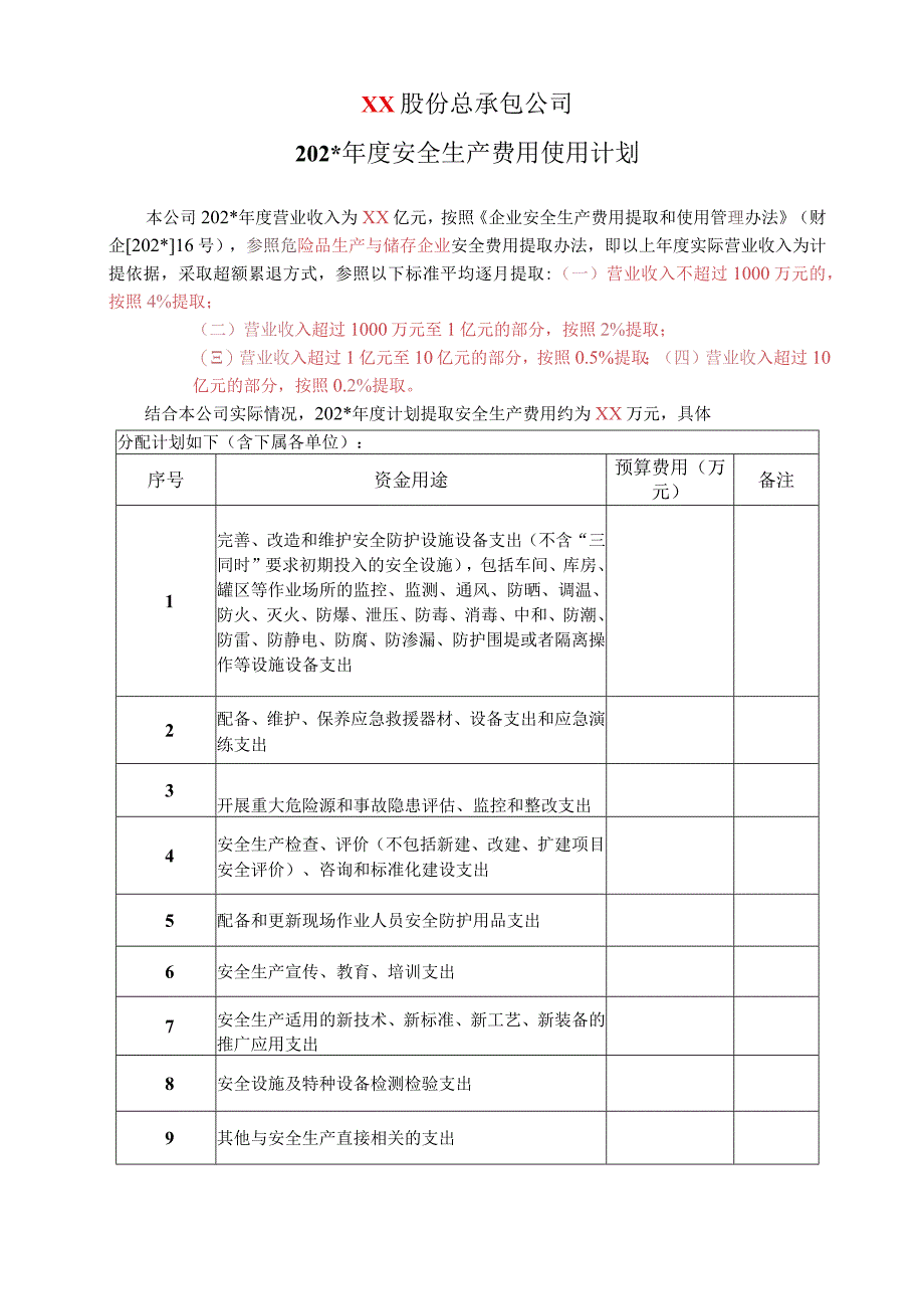 安全生产费用使用计划标准模板.docx_第1页