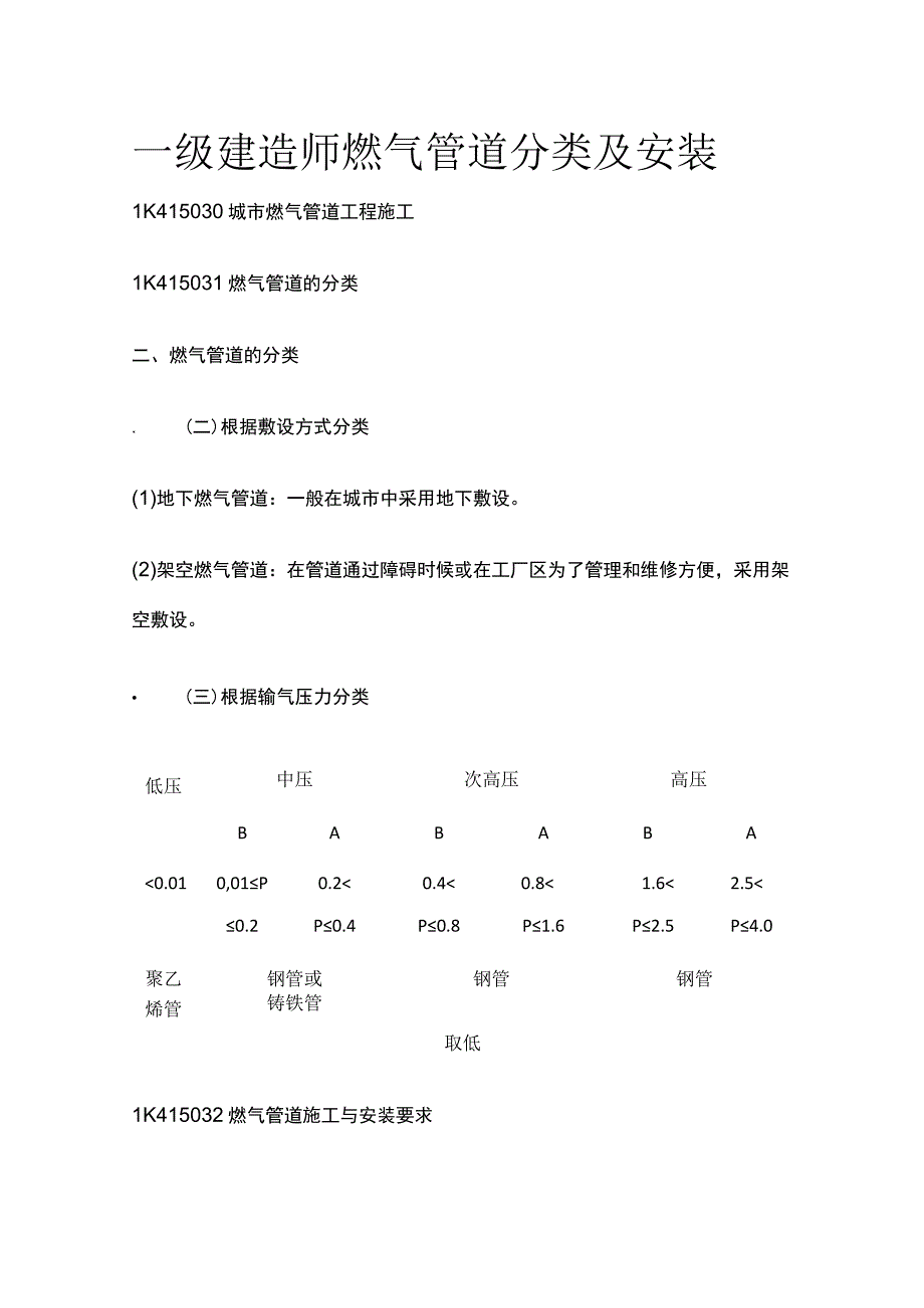 一级建造师 燃气管道分类及安装全.docx_第1页