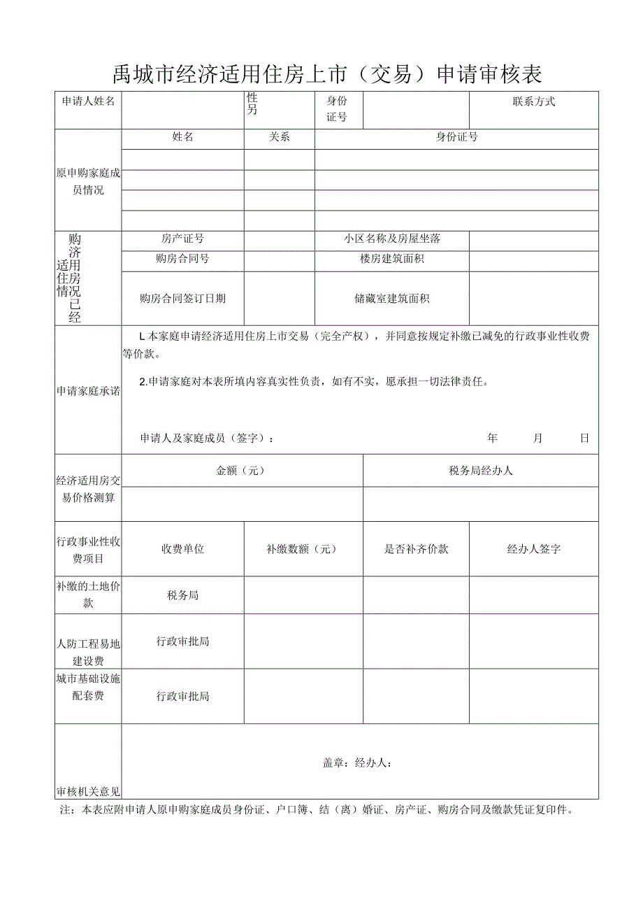 禹城市经济适用住房上市交易申请审核表.docx_第1页