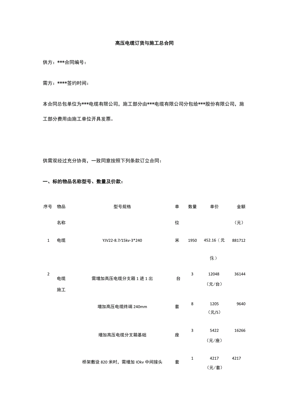 高压电缆订货与施工总合同 标准版 模板.docx_第1页