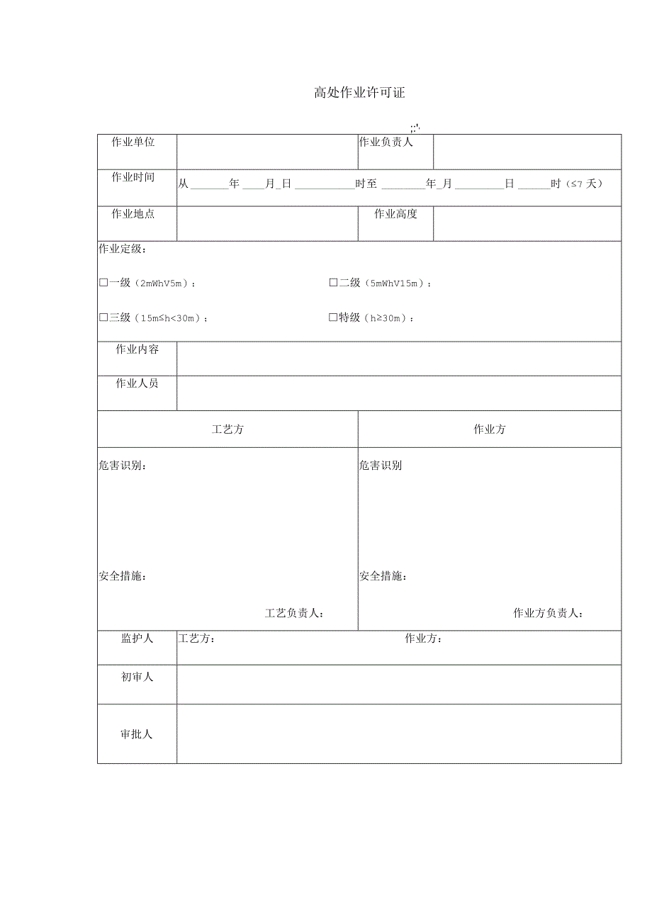 高处作业许可证标准模板.docx_第1页