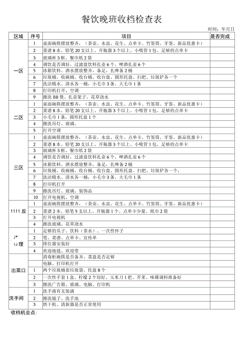 餐饮晚班收档检查表.docx_第1页