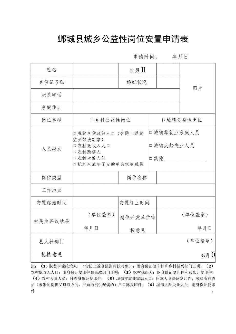 鄄城县城乡公益性岗位安置申请表申请时间年月日.docx_第1页