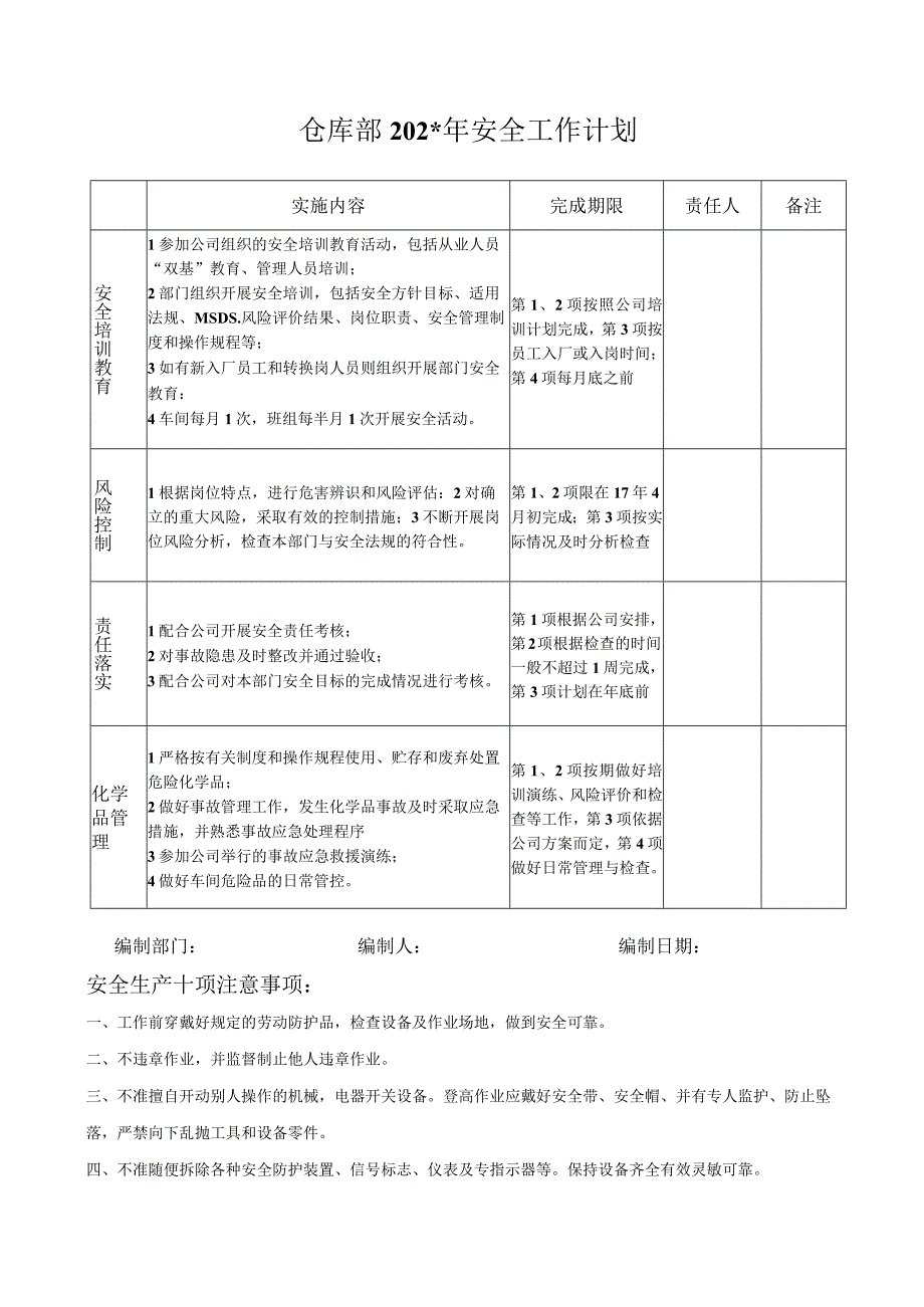 仓库部安全工作计划标准模板.docx_第1页