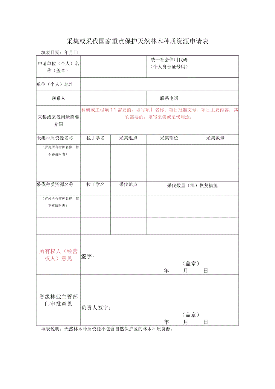 采集或采伐国家重点保护林木天然林木种质资源 申请表.docx_第1页