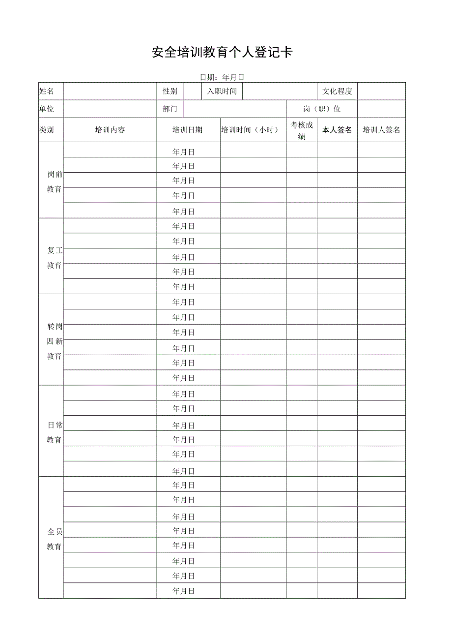 安全培训教育个人登记卡.docx_第1页