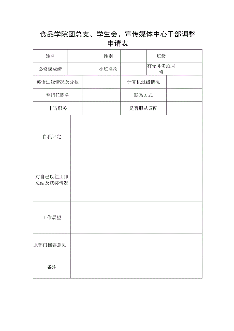 食品学院团总支、学生会、宣传媒体中心干部调整申请表.docx_第1页