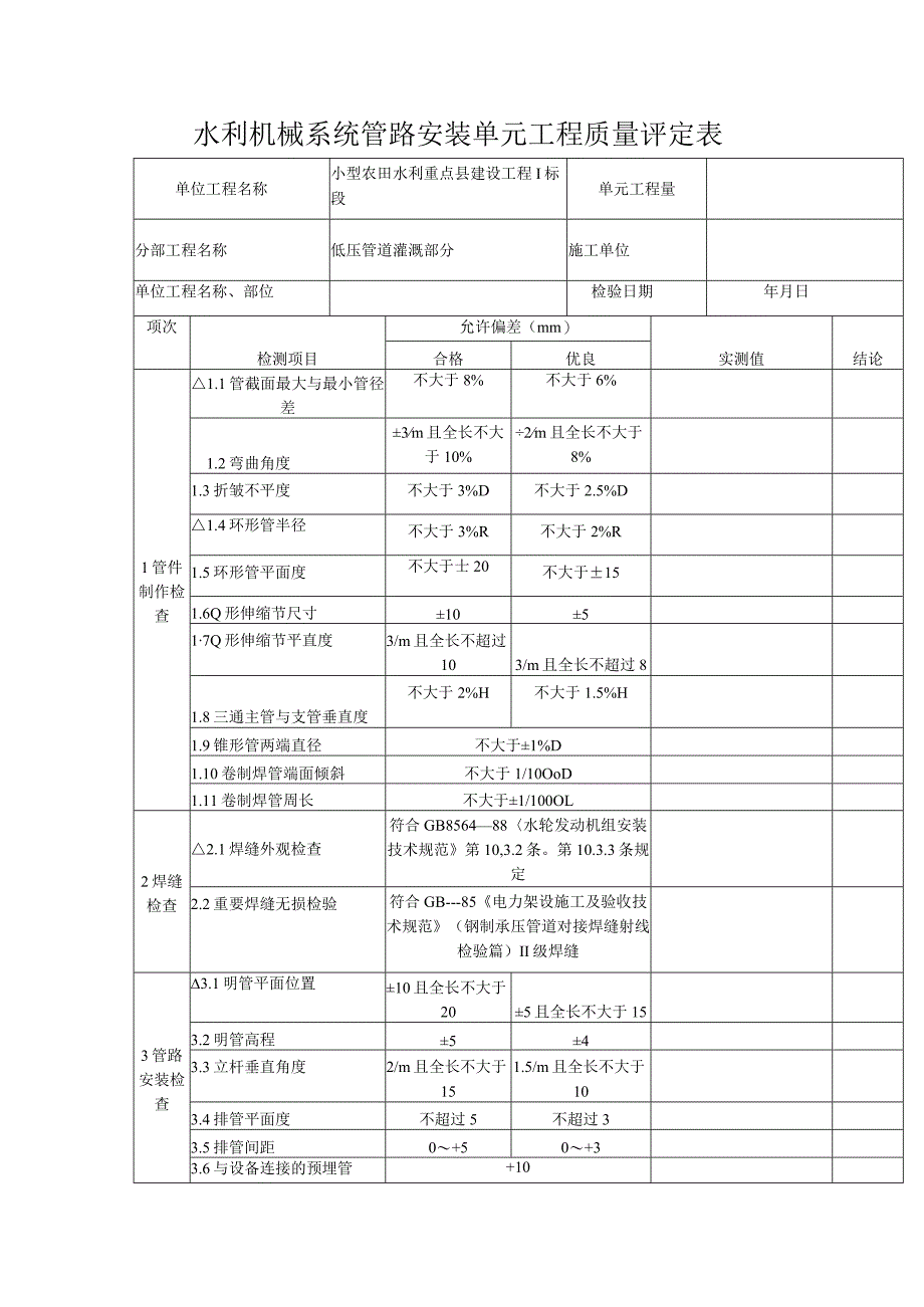 水利机械系统管路安装单元工程质量评定表.docx_第1页